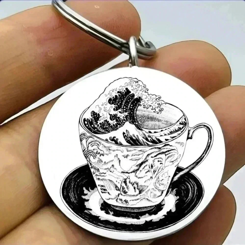 Tea cup ocean wave art hot Cute keychain